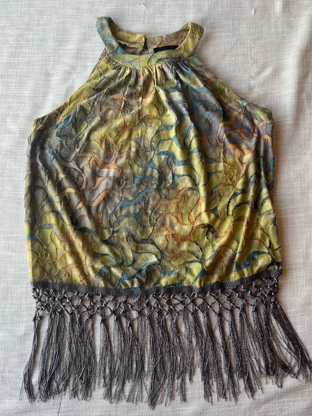 NWT Vintage Rain Burnout Halter Top - Macrame Fringe Green Tie-Dye